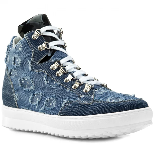 Denim - Elevator Sneakers in Leather/fabric mix from 2.4 to 4 inches